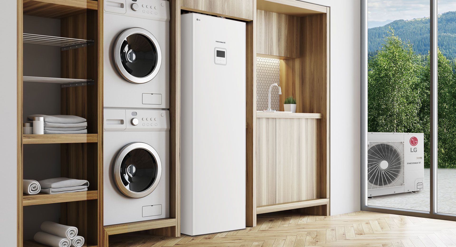 Eine Wärmepumpe der Marke LG im Modell Therma V