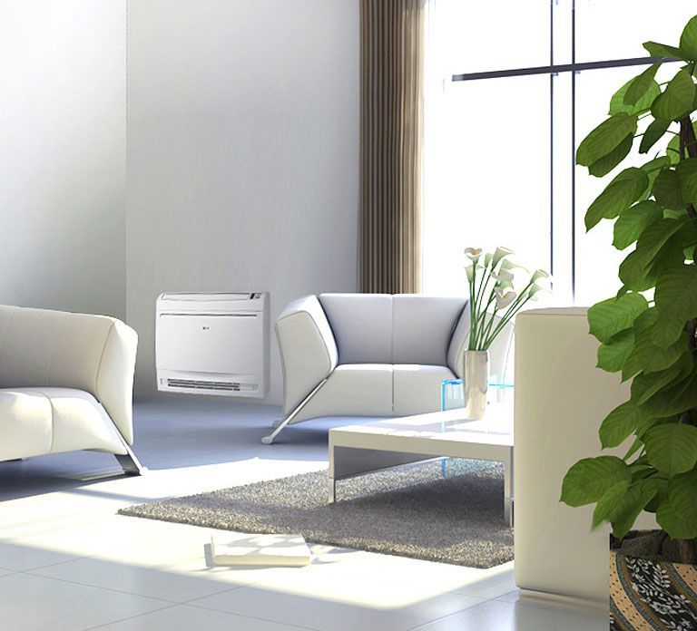 LG Console Luft-Luft-Wärmepumpe steht in einem Wohnzimmer