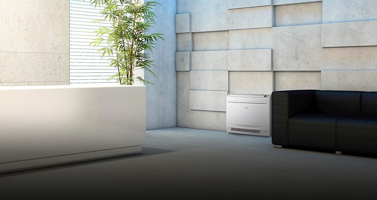 In einem minimalistischen Raum mit Betonwänden steht neben einem schwarzen Sofa eine LG Console Luft-Luft-Wärmepumpe in einem Wohnzimmer für den Innenbereich.