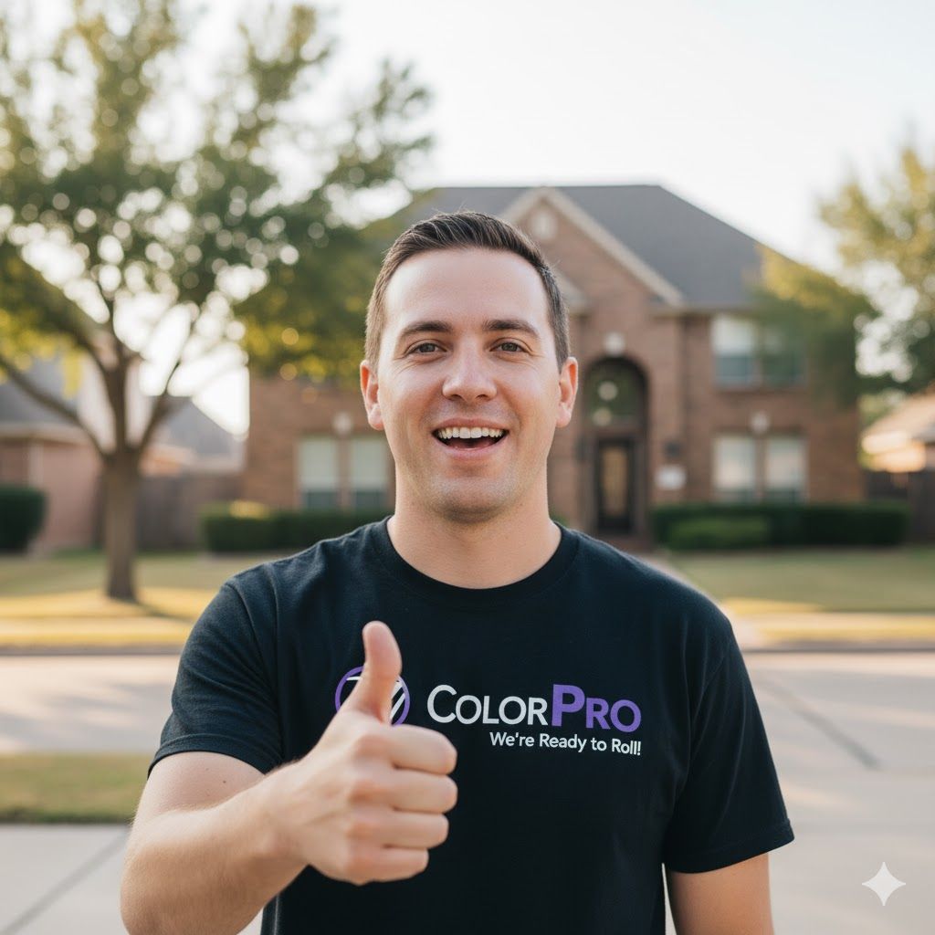 Man in black shirt with logo gives thumbs up in front of a house.