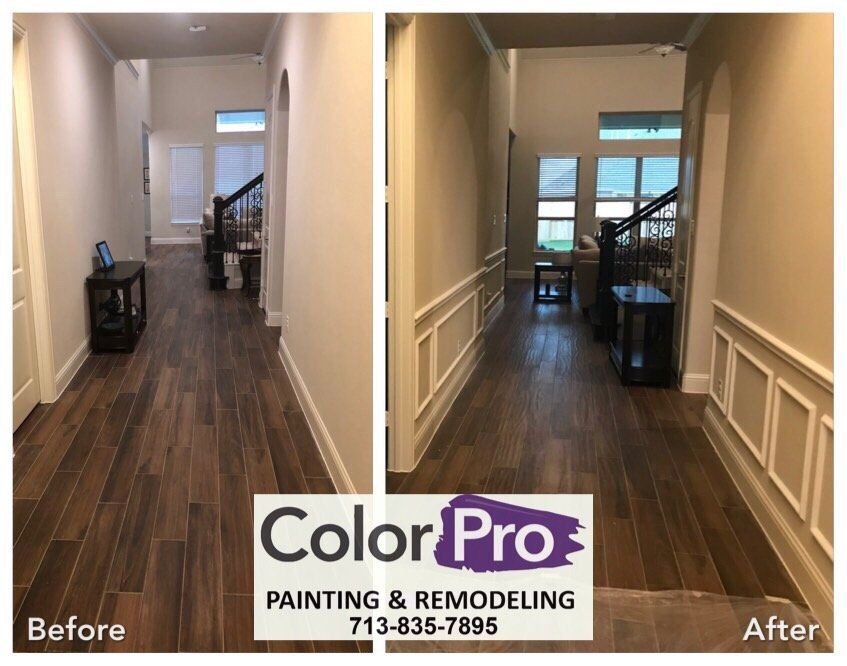 Before and after hallway view; wood floor; beige walls; white trim; dark console table.