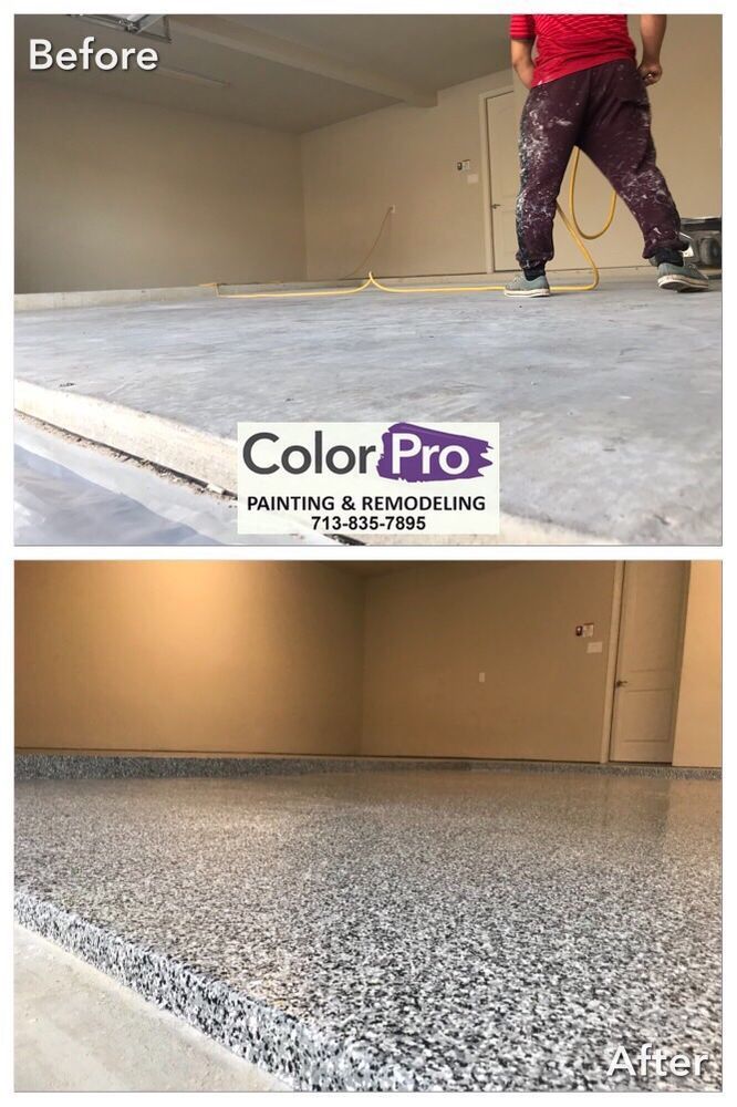 Before and after of a garage floor. Concrete floor before; speckled epoxy floor after. ColorPro logo at center.