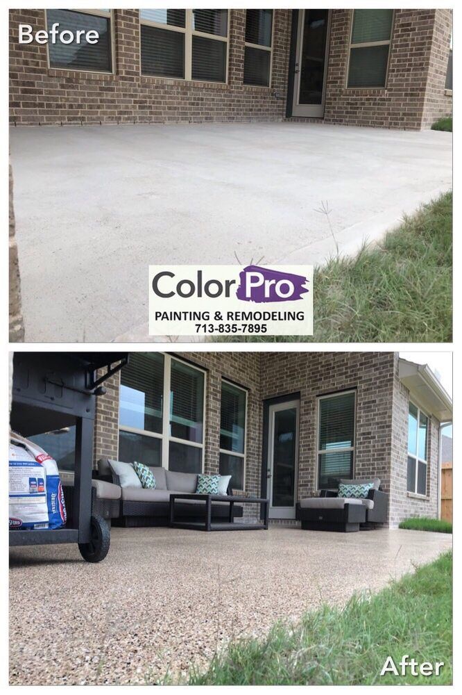 Before and after photos of a concrete patio: plain concrete transforms to a textured, stained finish, with furniture added.