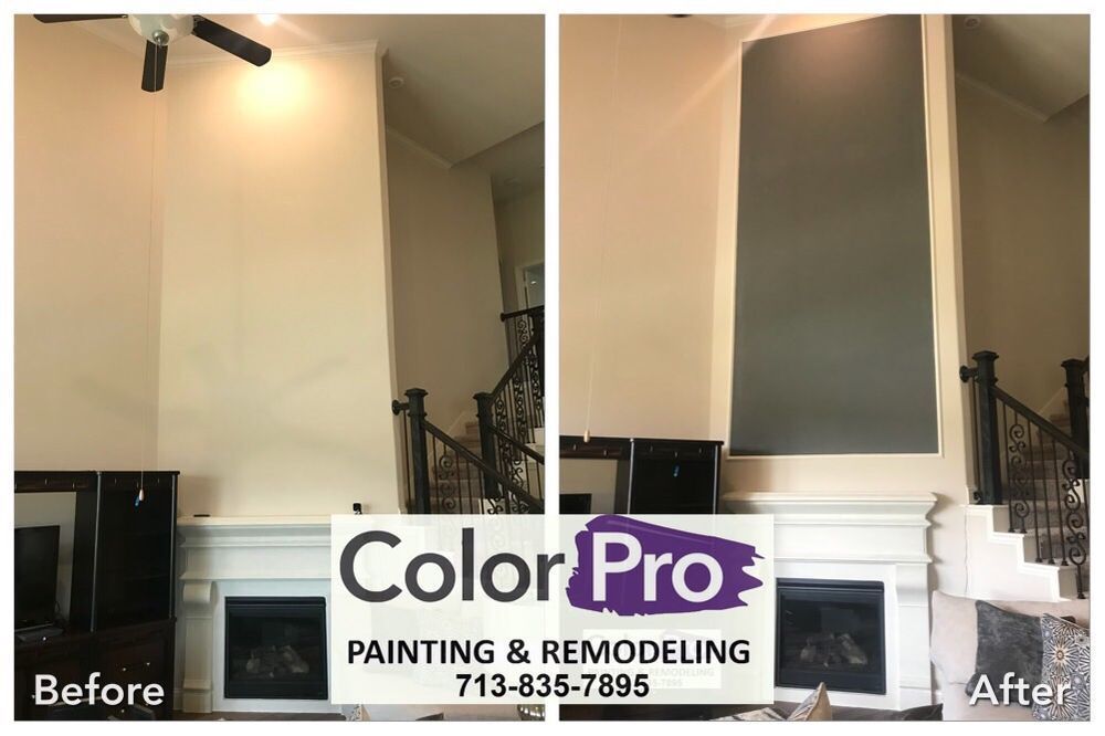 Before and after of interior wall painting. Gray painted wall above fireplace, tan before.