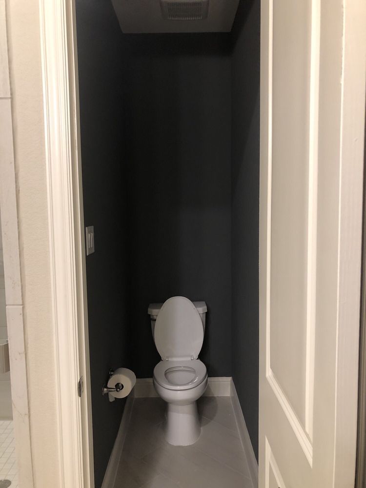 Narrow bathroom with gray walls, white toilet, and open door frame.