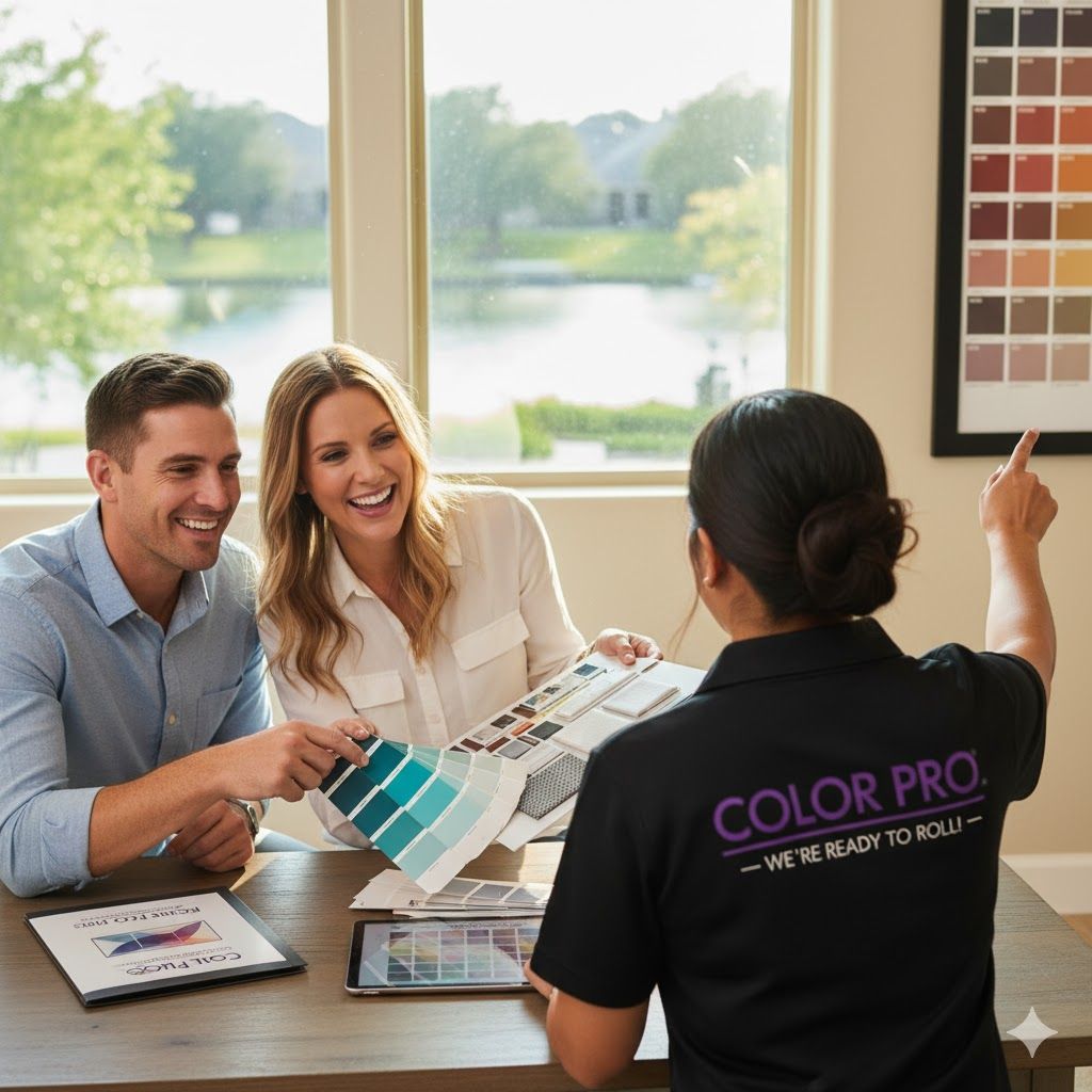 Couple consults with a Color Pro, examining paint swatches. The Color Pro points to a color chart in a well-lit room.
