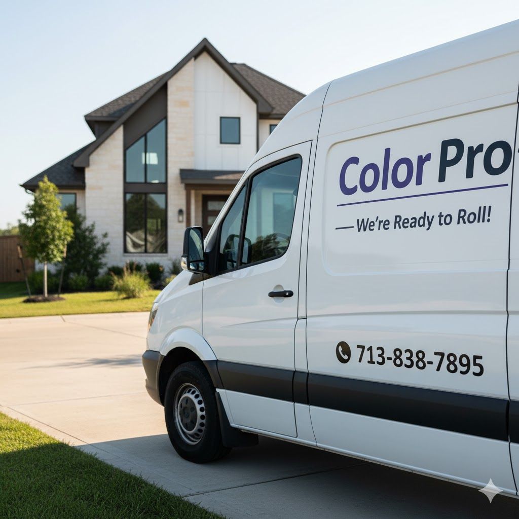 White Color Pro van parked in front of a modern house, phone number on side.