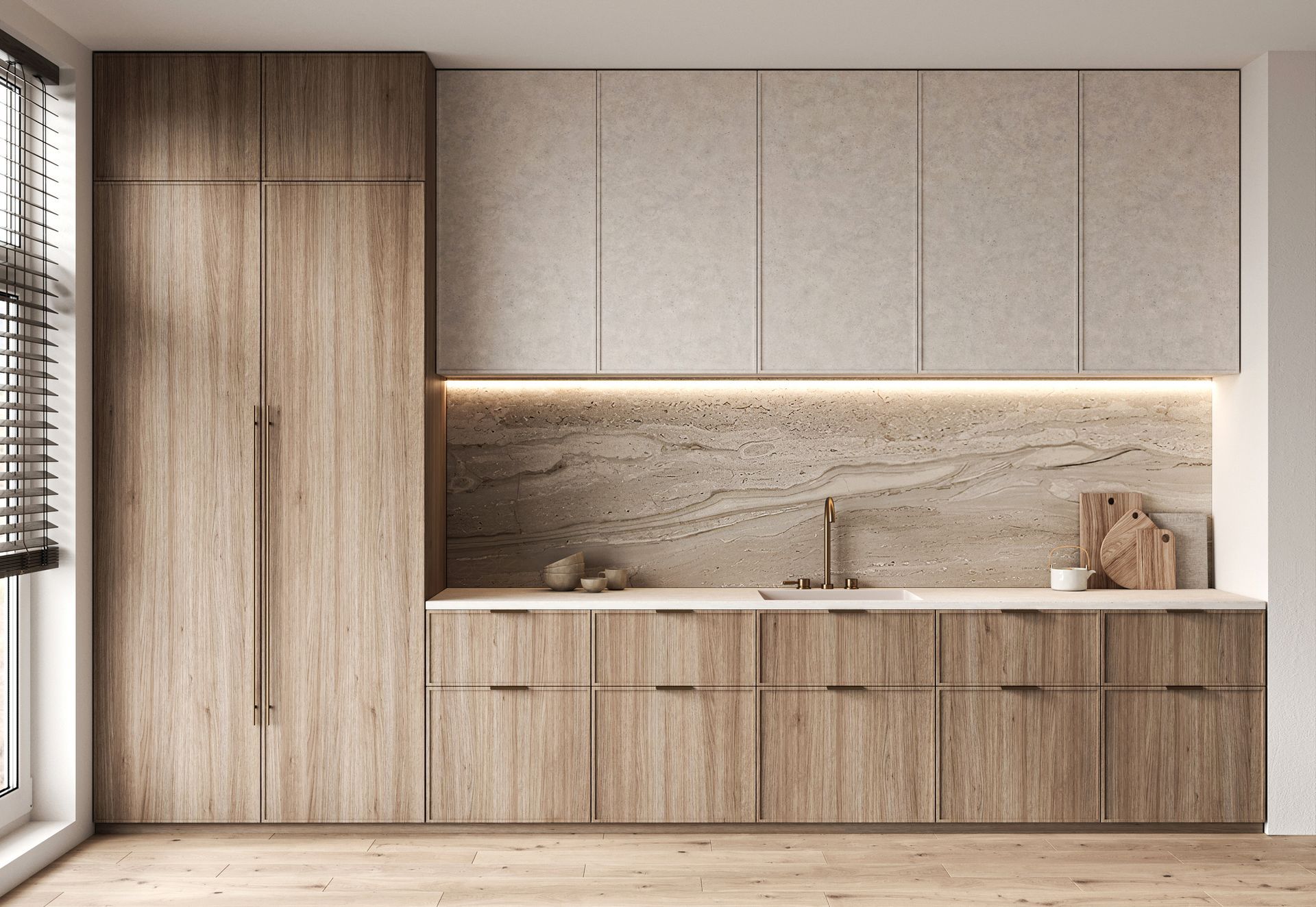 A kitchen design featuring wooden cabinets, a sandstone backsplash with under-cabinet lighting.