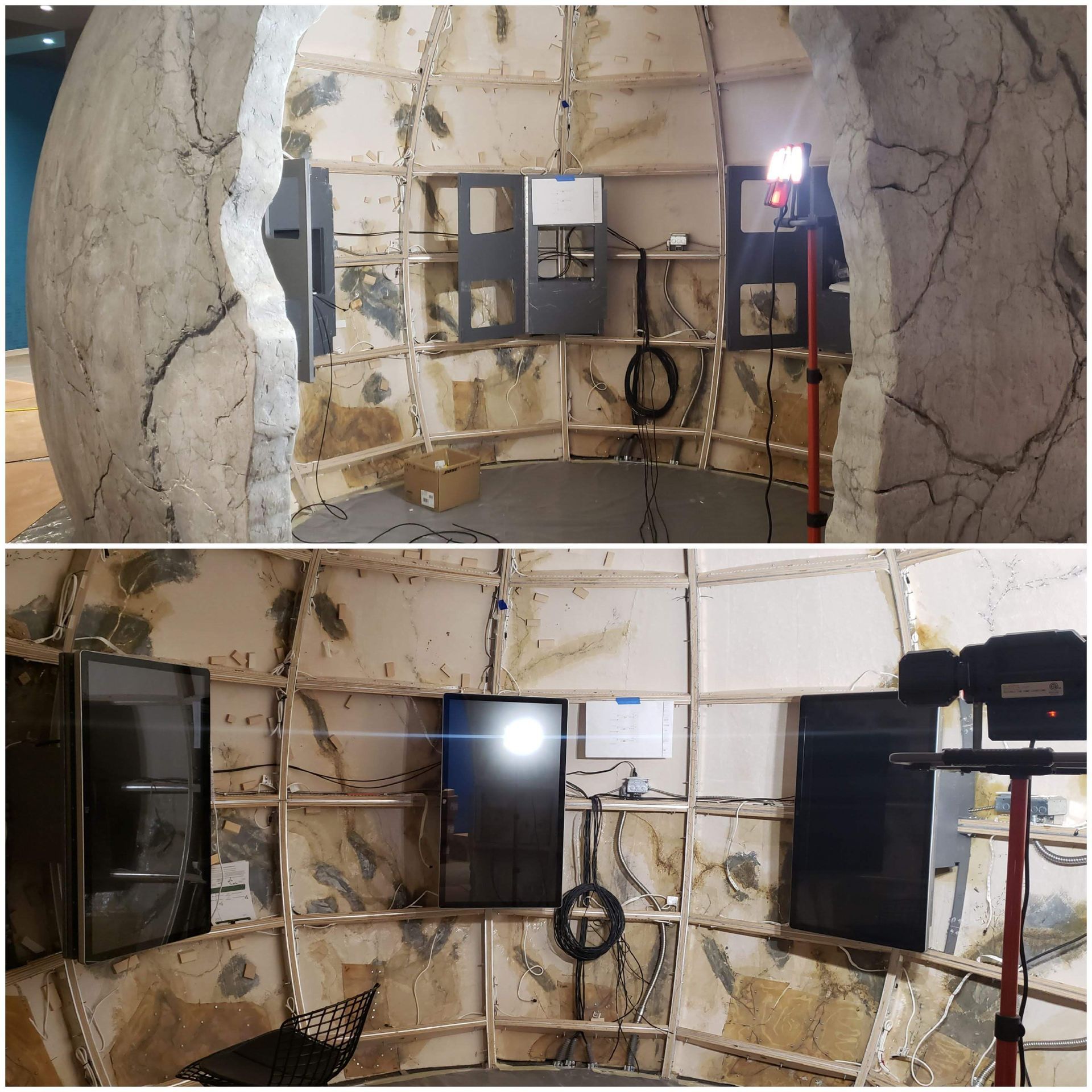 A collage of two pictures of a room with a tv on a stand