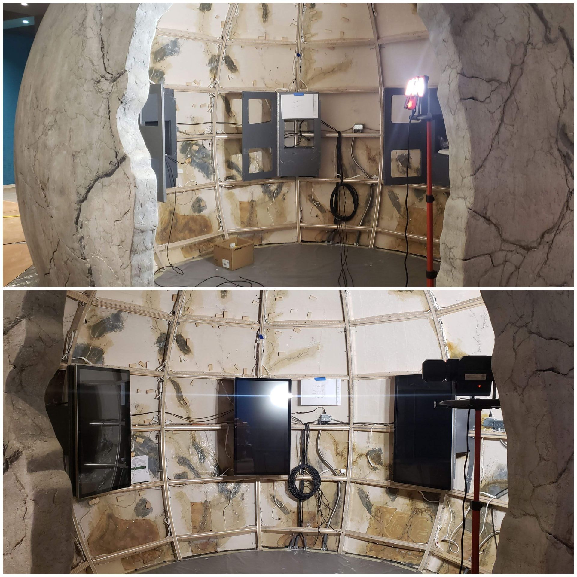 A collage of two pictures showing a room being built