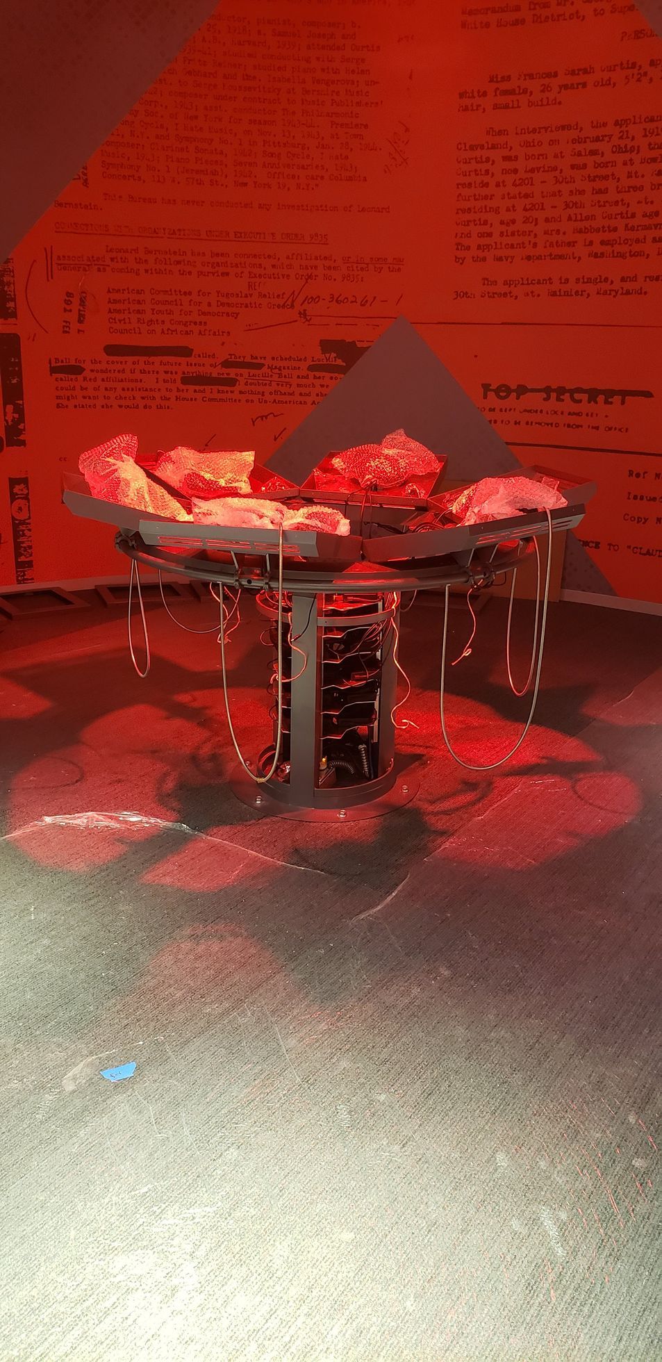 A table with a bunch of meat on it in a room with red lights.