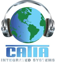 A logo for calia integrated systems with a globe and headphones