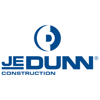A blue and white logo for je dunn construction