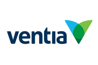 A logo for ventia with a blue and green triangle on a white background.