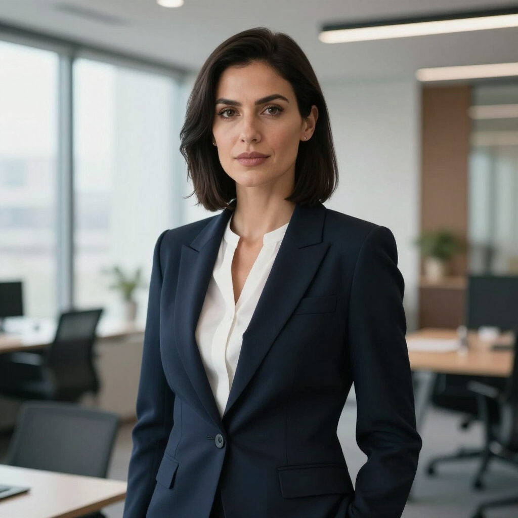 Professional in a dark navy blazer and white blouse, standing in a bright, modern office with desks in the background.