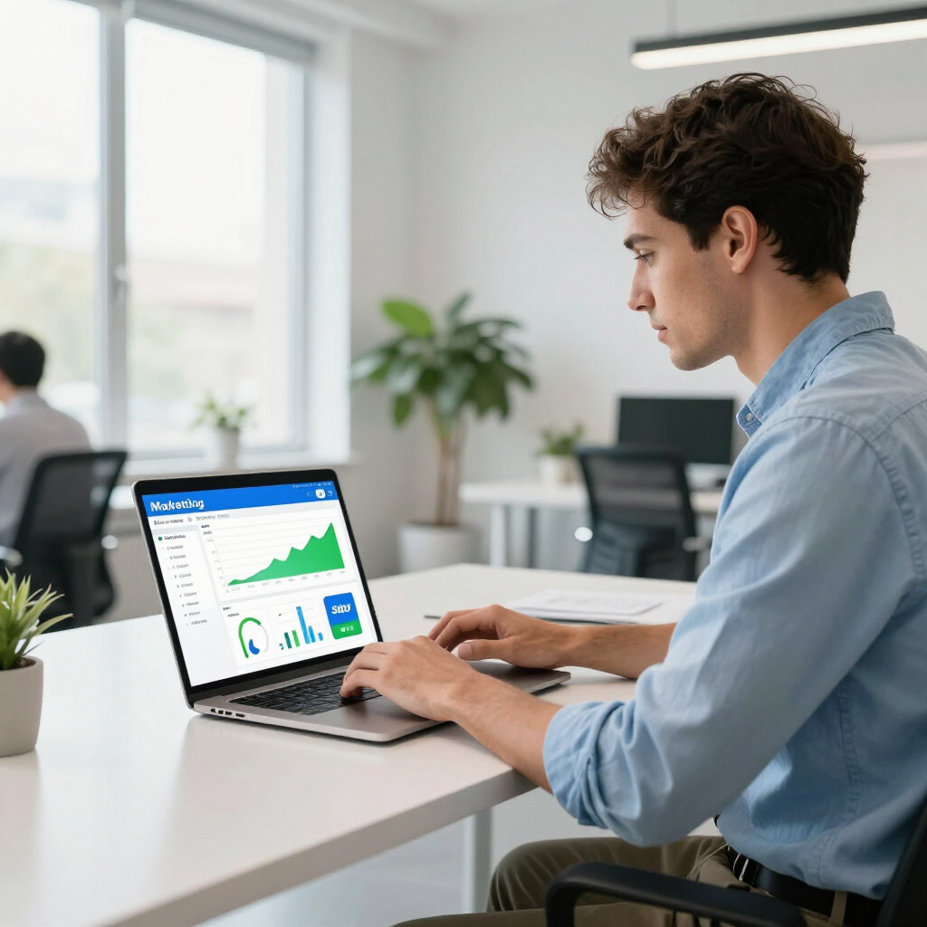 A person sits at a desk in a bright office, working on a laptop displaying financial charts and data analytics.