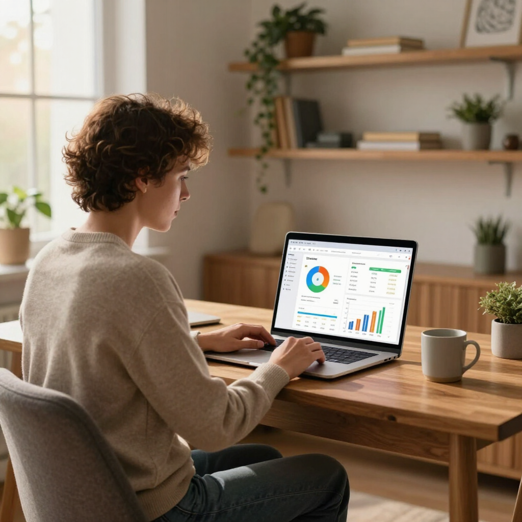 A person sits at a wooden desk working on a laptop displaying business data charts in a bright, modern room.