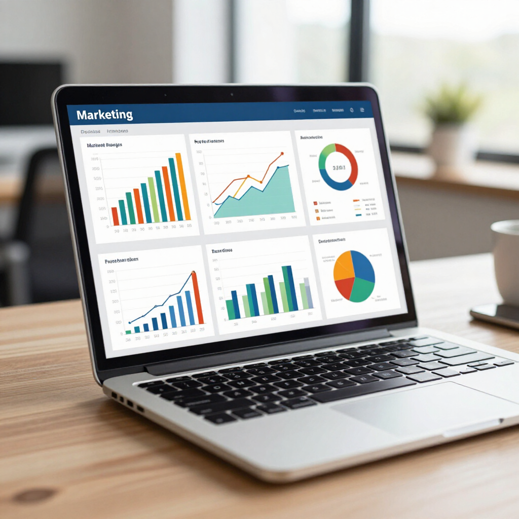 A silver laptop on a wooden desk displaying a digital marketing dashboard with various charts and graphs.