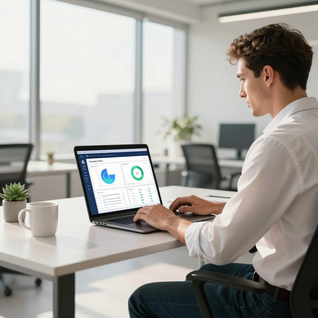 A person in a white shirt works at a desk in a bright office, using a laptop that displays data charts and a dashboard.