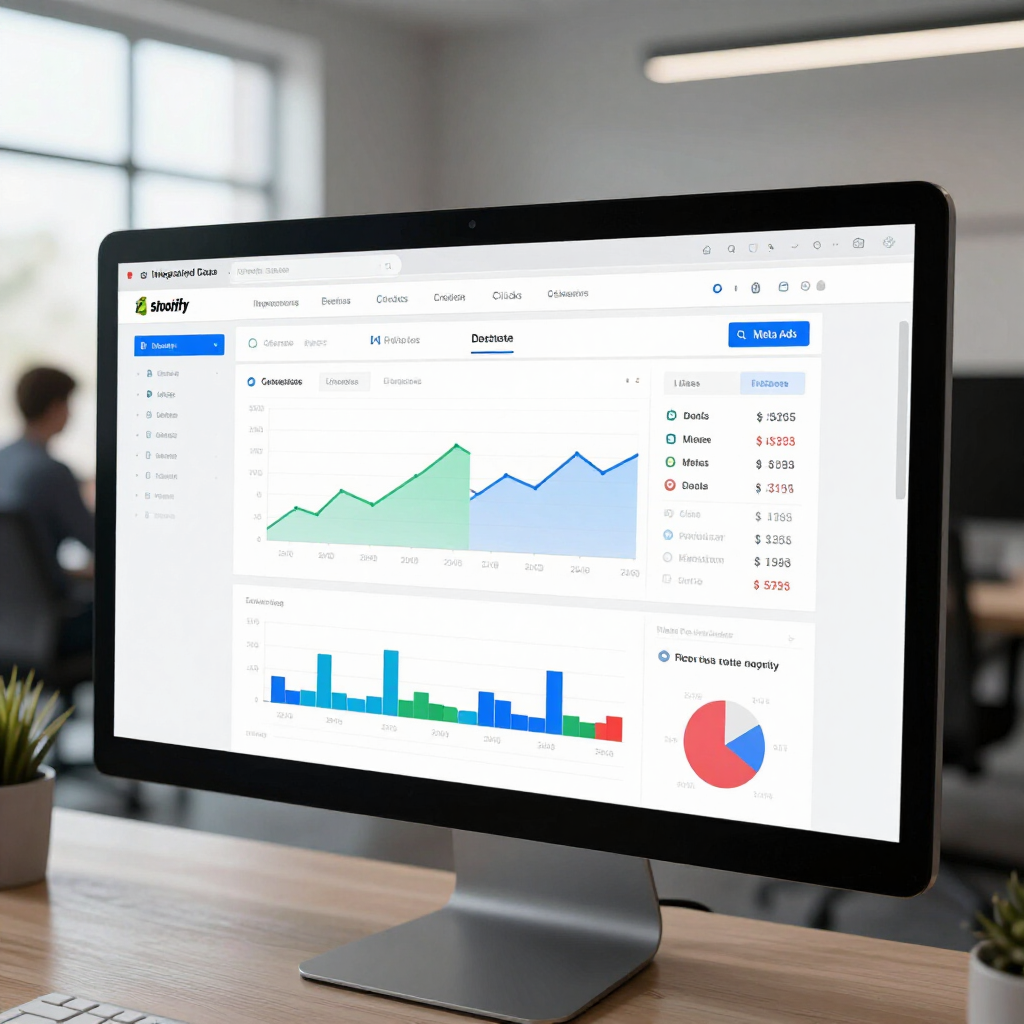 A monitor on a wooden desk displaying a business analytics dashboard with line graphs, bar charts, and a pie chart.