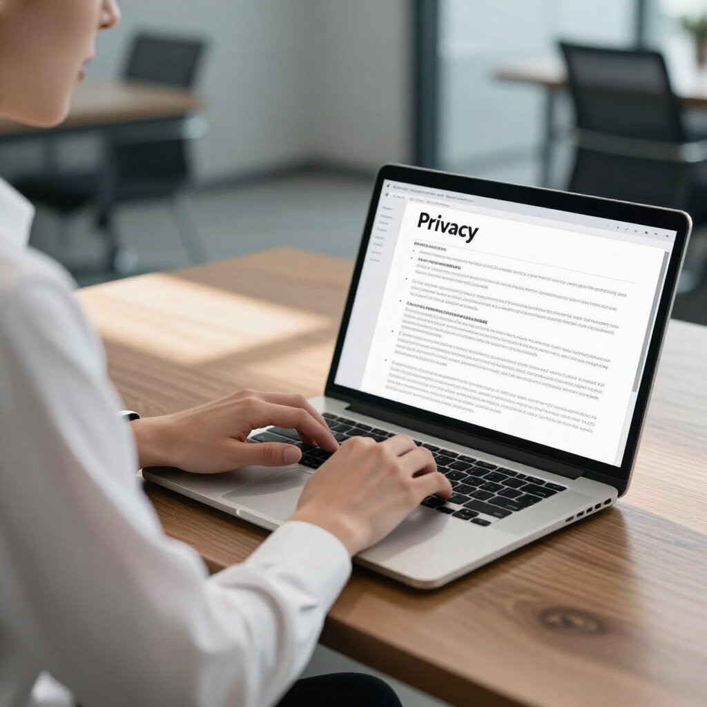 A person sits at a wooden desk, typing on a laptop displaying a privacy policy document in an office setting.