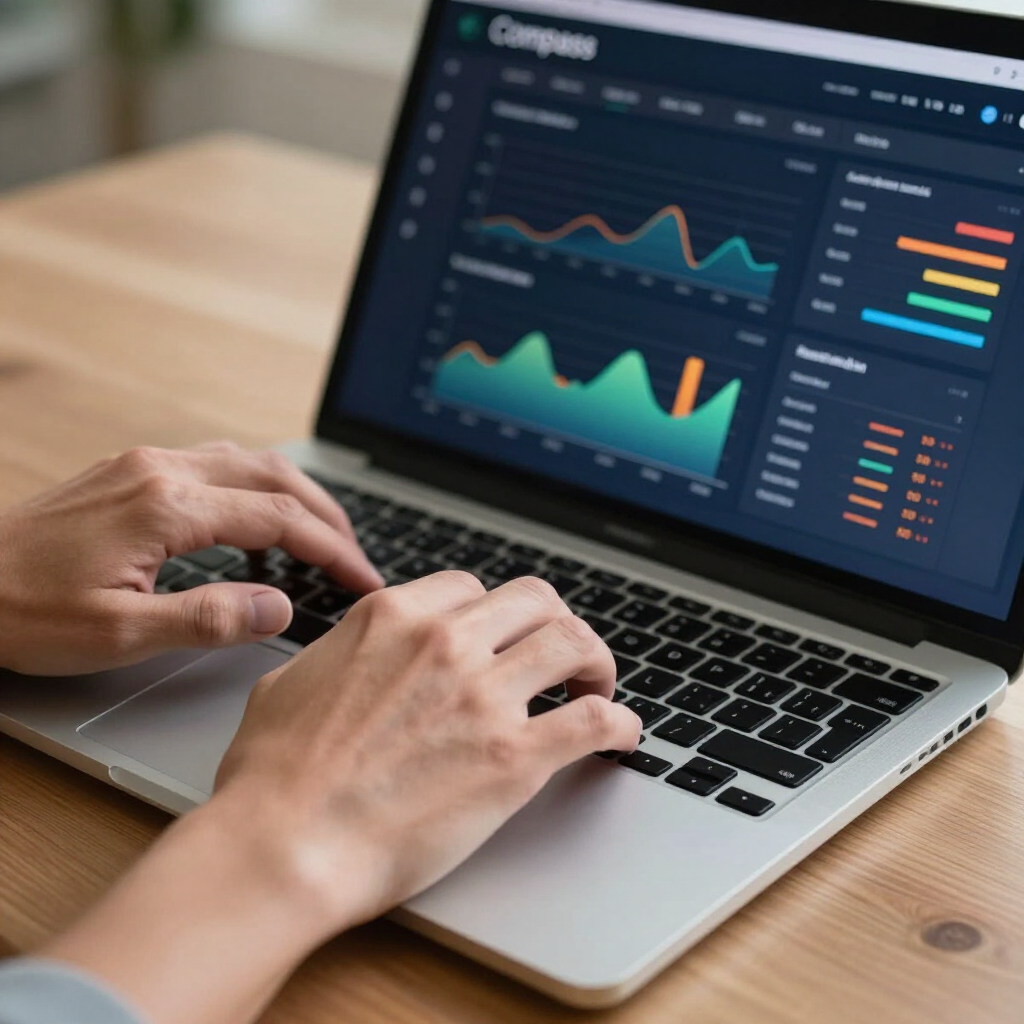Hands typing on a laptop displaying data analytics charts on a wooden desk.