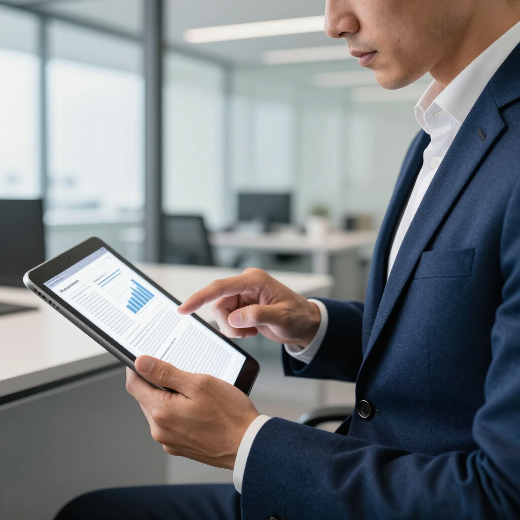 A person in a blue suit reviews business charts and text on a tablet in a modern office.