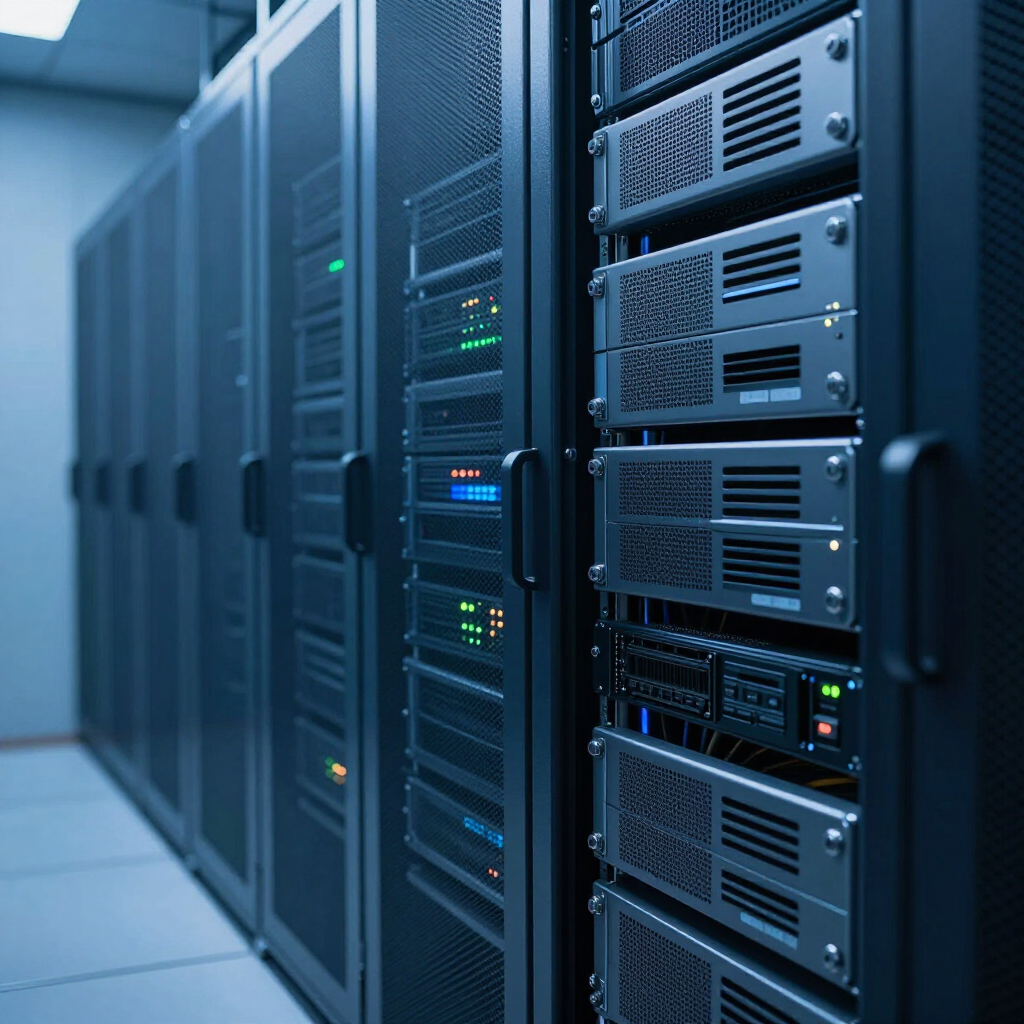Rows of dark server racks in a brightly lit, industrial data center, with visible blinking LED status lights.