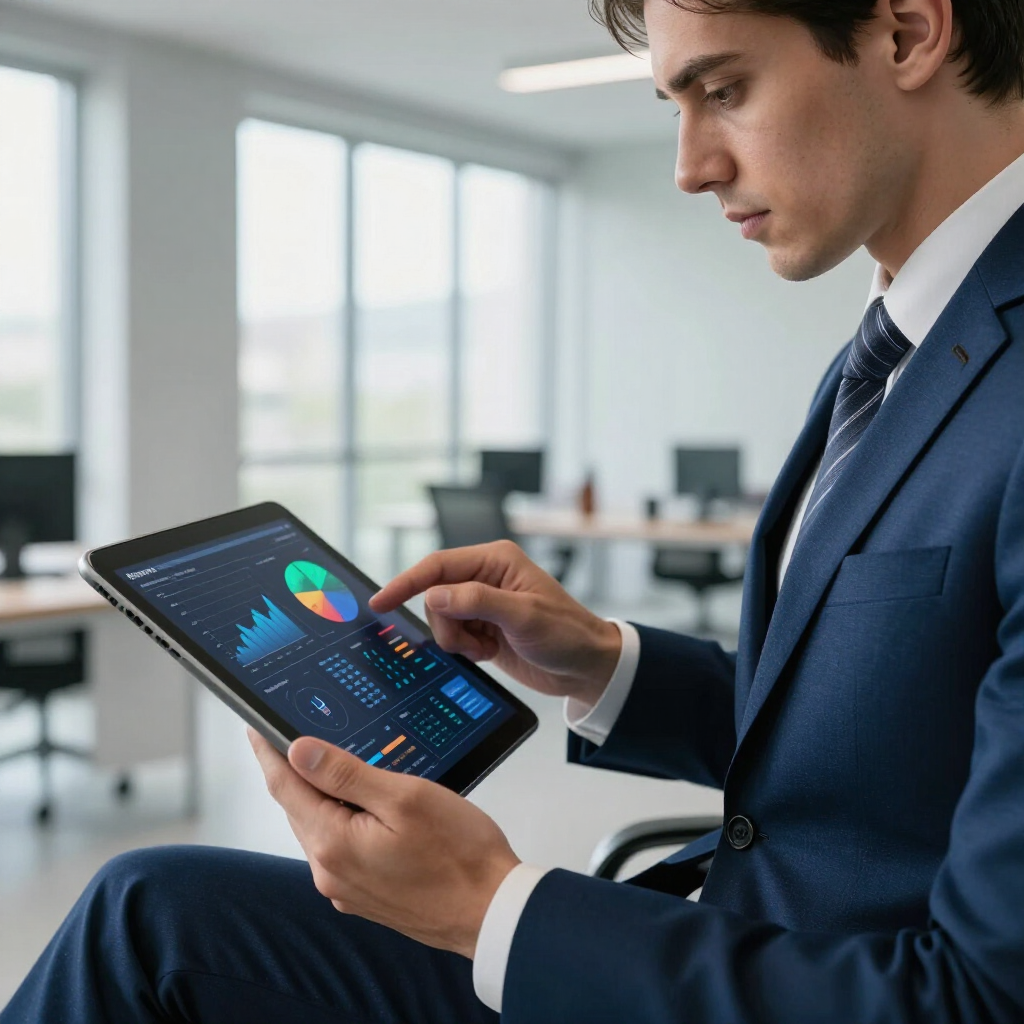 A person in a suit sits in an office, reviewing business data visualizations on a digital tablet.