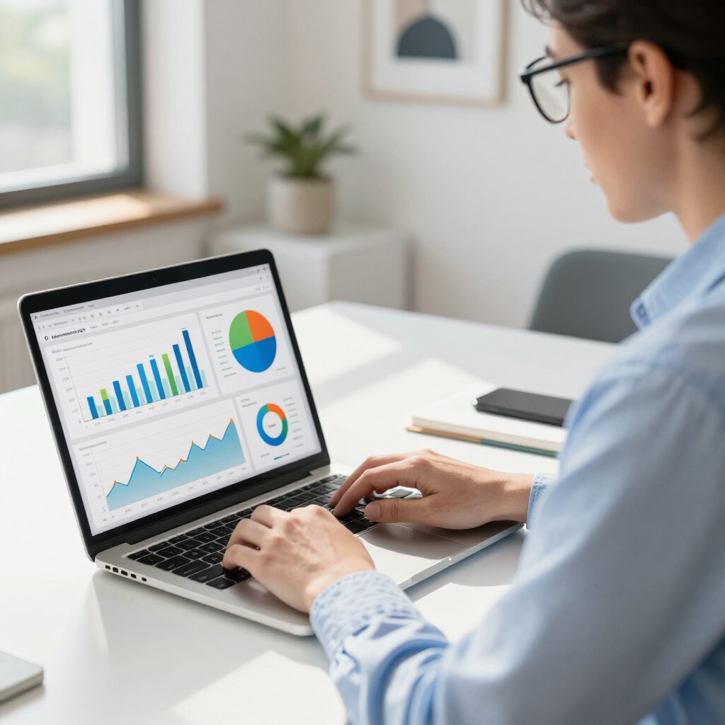 A person wearing glasses and a light blue shirt works on a laptop displaying various data charts and graphs.