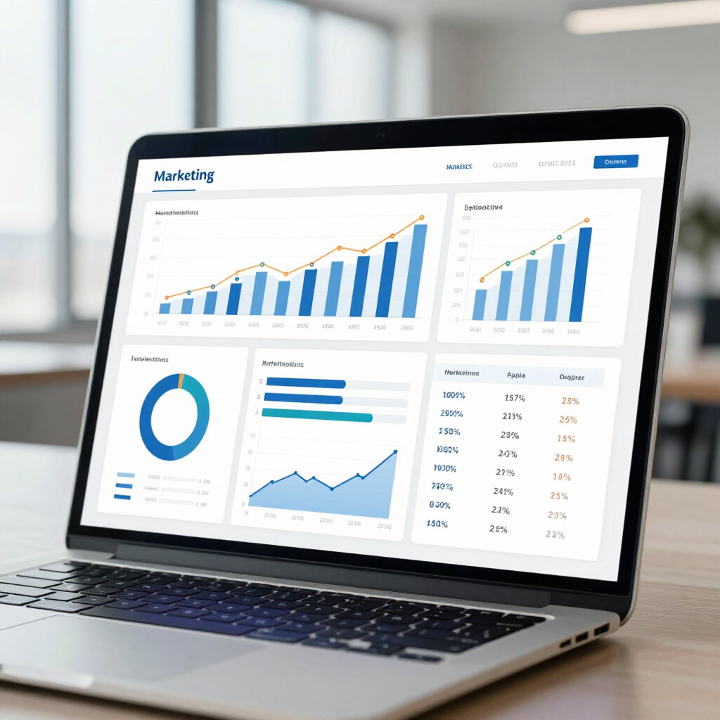 A laptop sits on a wooden desk displaying a digital dashboard with marketing analytics, charts, and data tables.