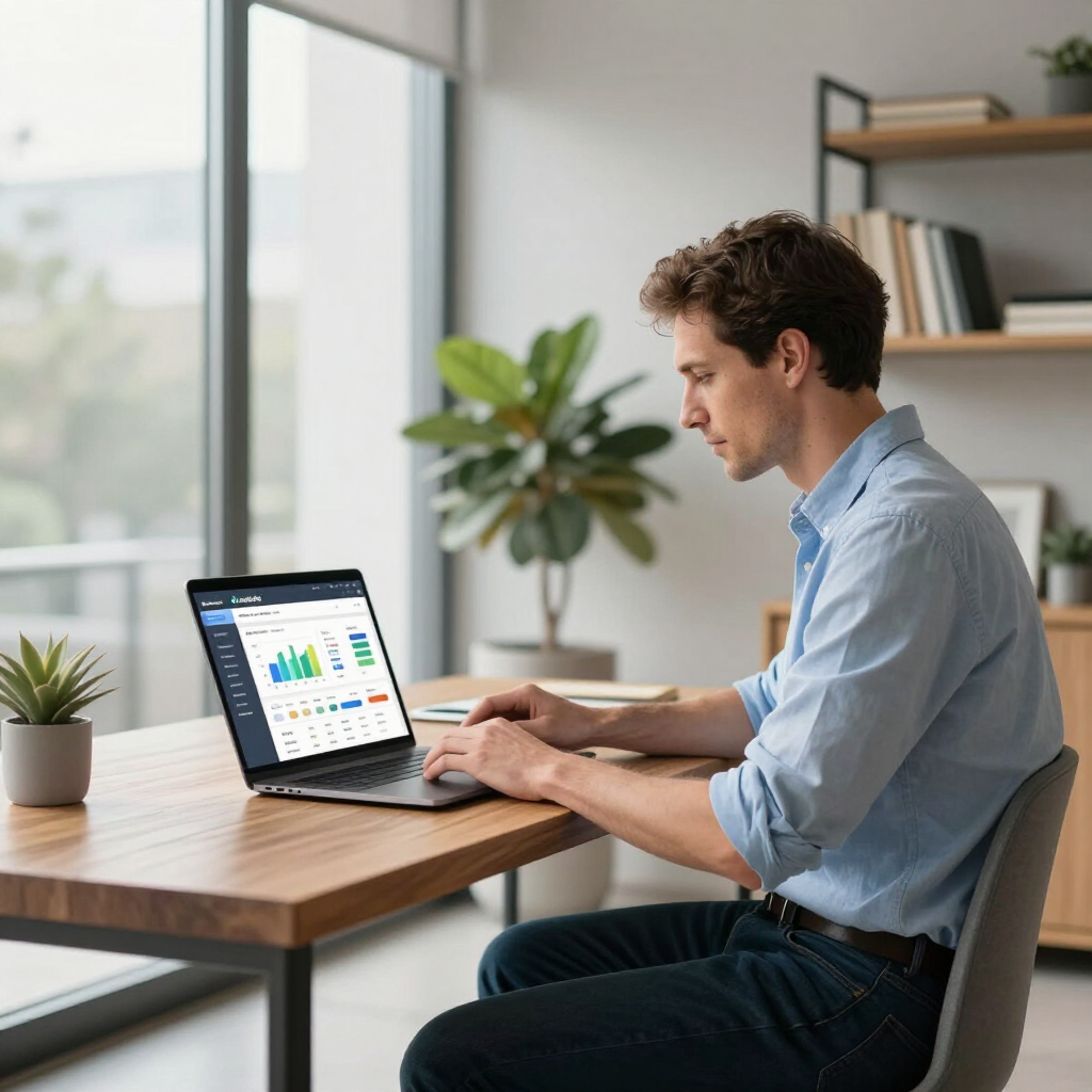 A person sits at a wooden desk in a bright office, working on a laptop displaying business analytics graphs.