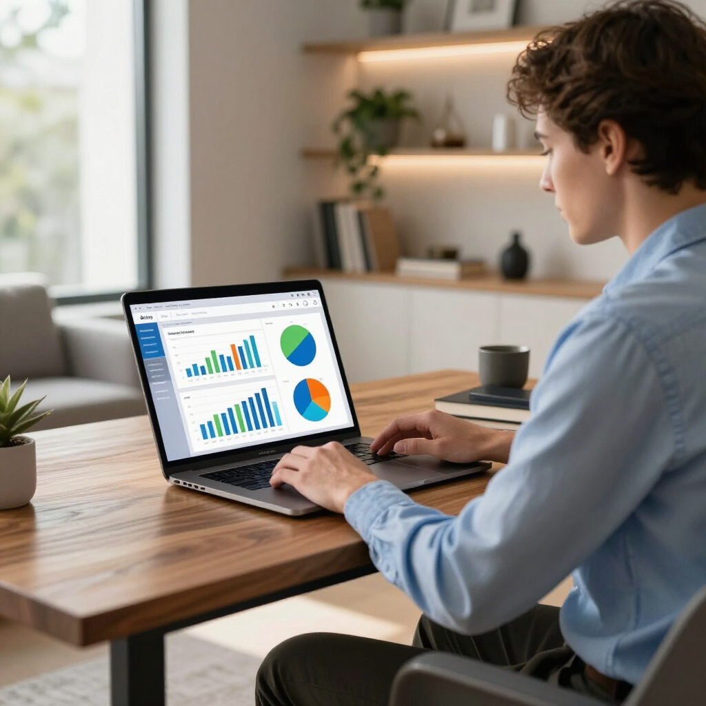 A person working on a laptop displaying business charts at a wooden desk in a bright, modern office.