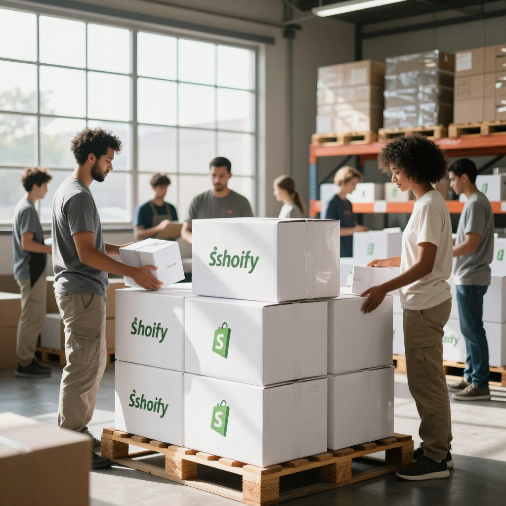 Warehouse workers pack boxes labeled with 