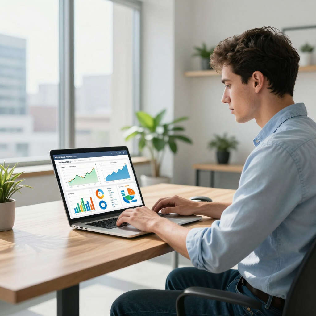 A person sits at a wooden desk by a window, focused on a laptop screen displaying various colorful data charts.