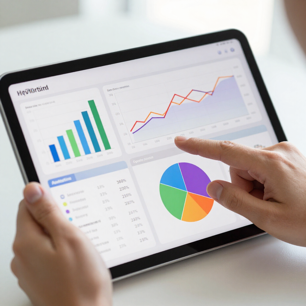 A person uses a tablet to view business analytics, including a bar chart, line graph, and pie chart on the screen.