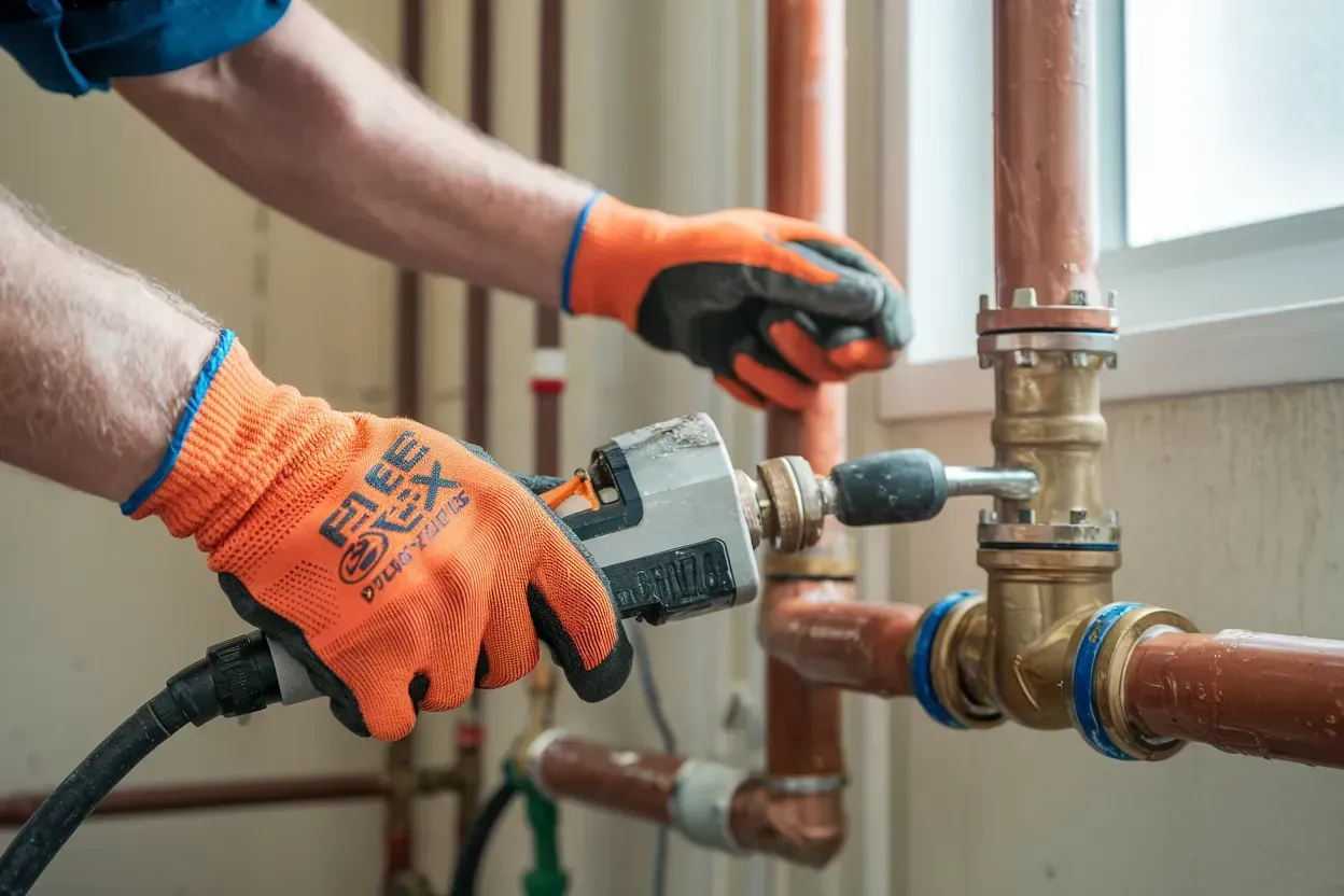 Plumber in orange gloves using a tool to work on copper pipes near a window.