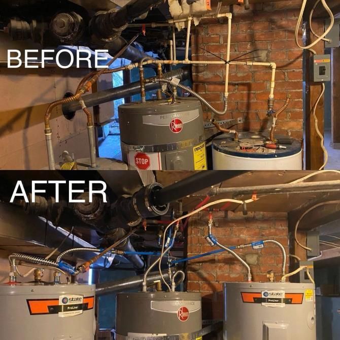 Before-and-after of a basement water heater setup. Old system is replaced by a newer, cleaner arrangement.