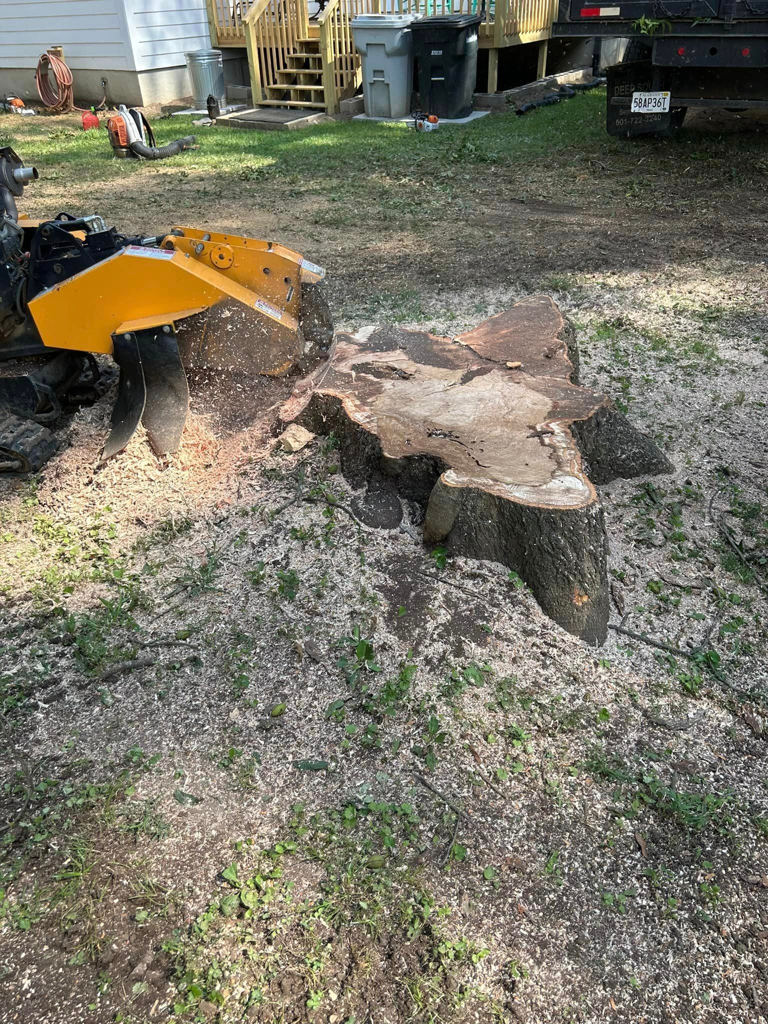 A large tree stump is being removed by a machine in a yard.
