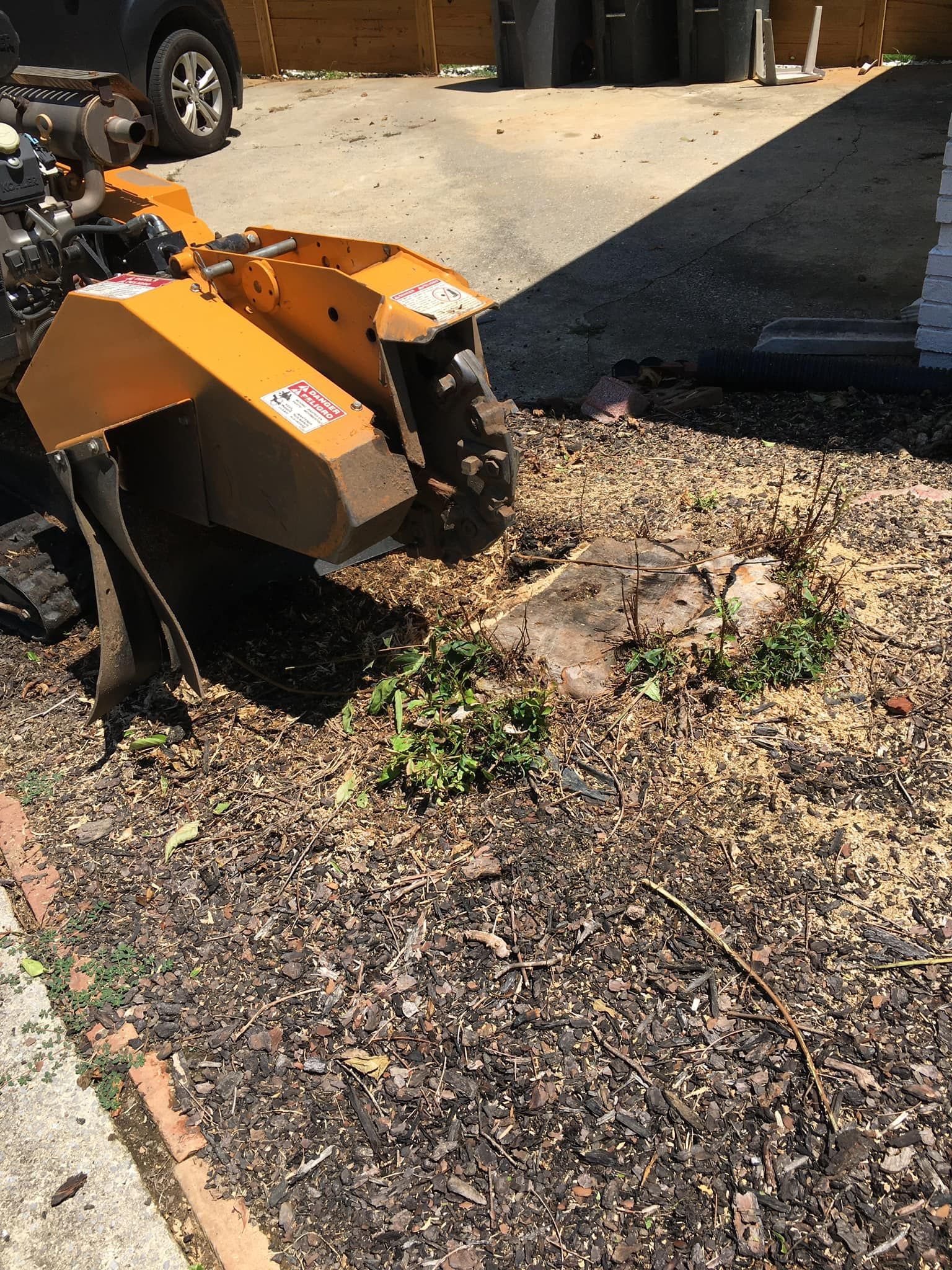 A stump grinder is sitting on the ground next to a tree stump.