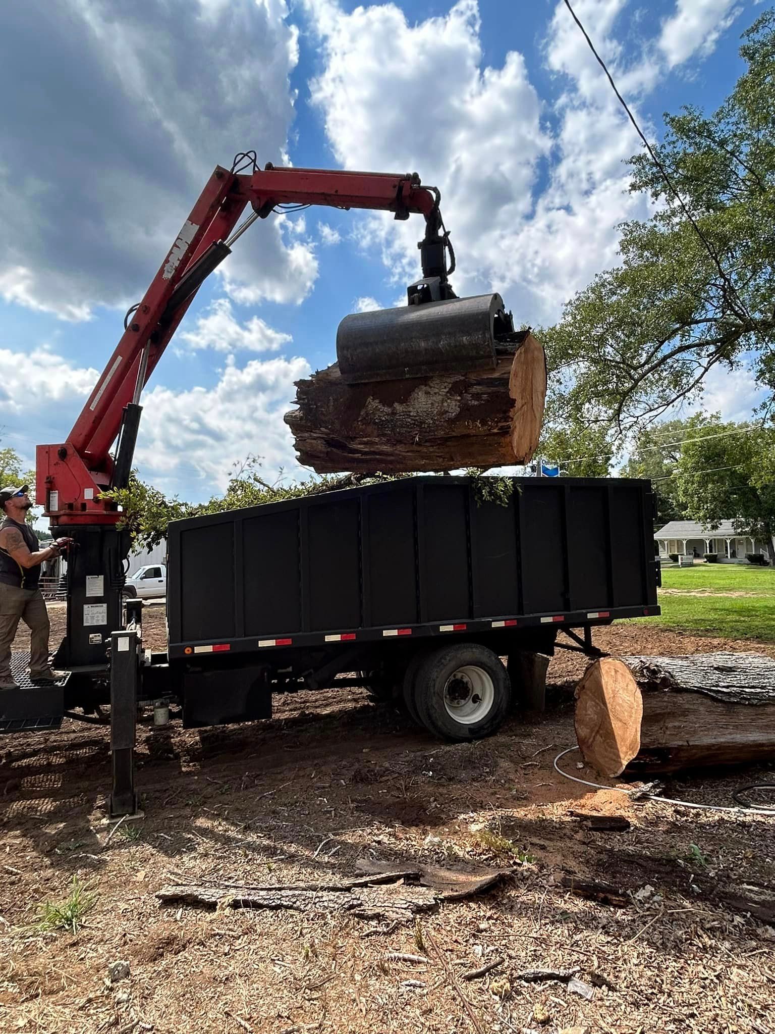 A crane is lifting a large log into a dumpster.
