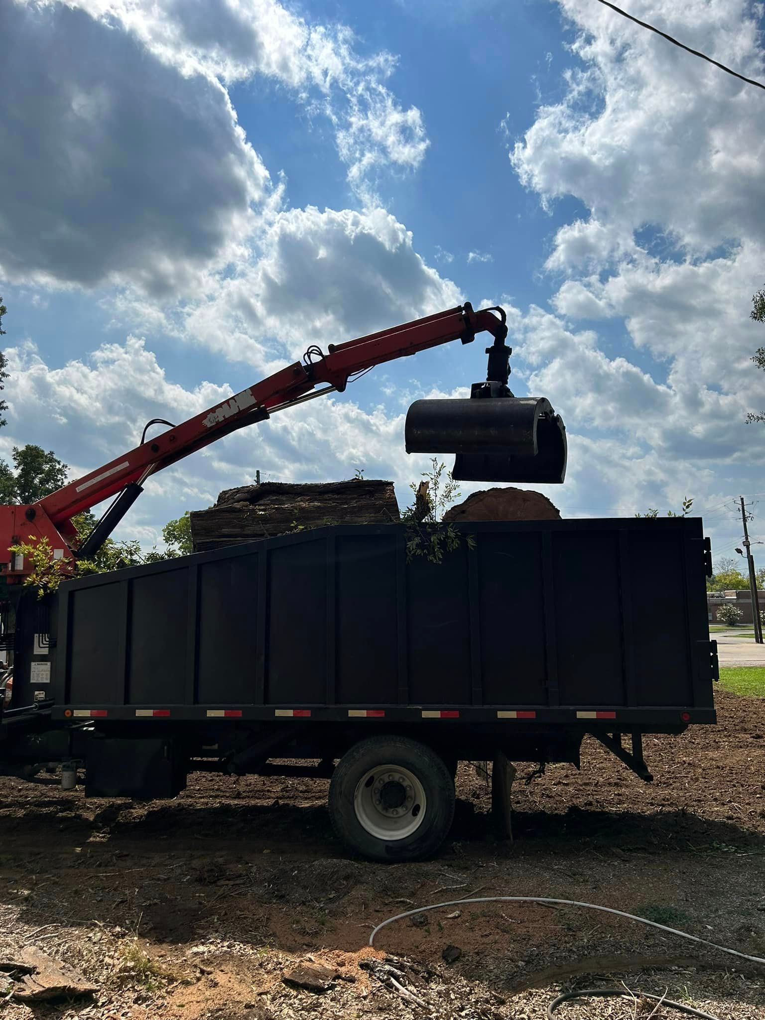 A dump truck is being loaded with logs by a crane.