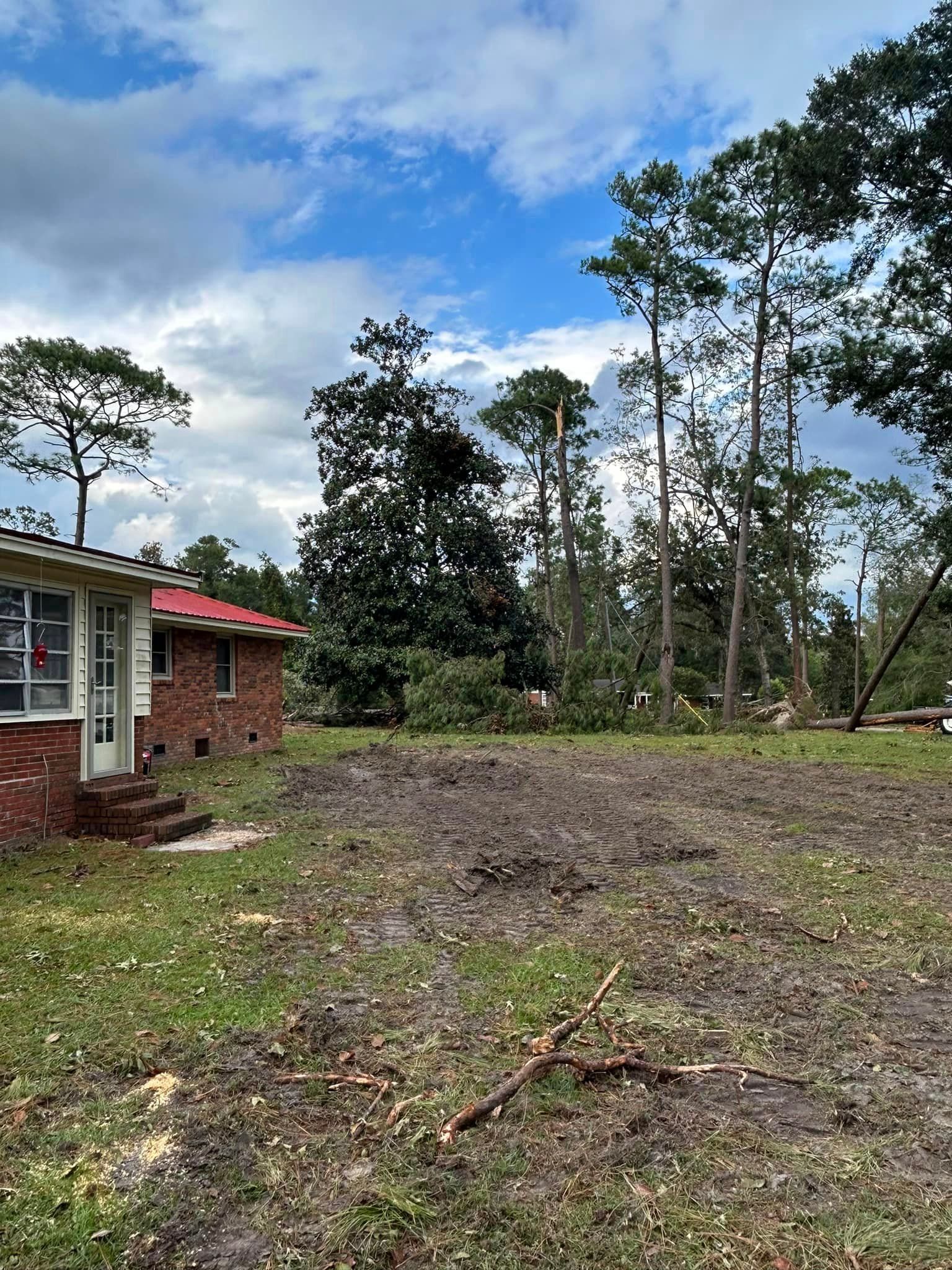 A house with a red roof and a lot of trees in front of it.