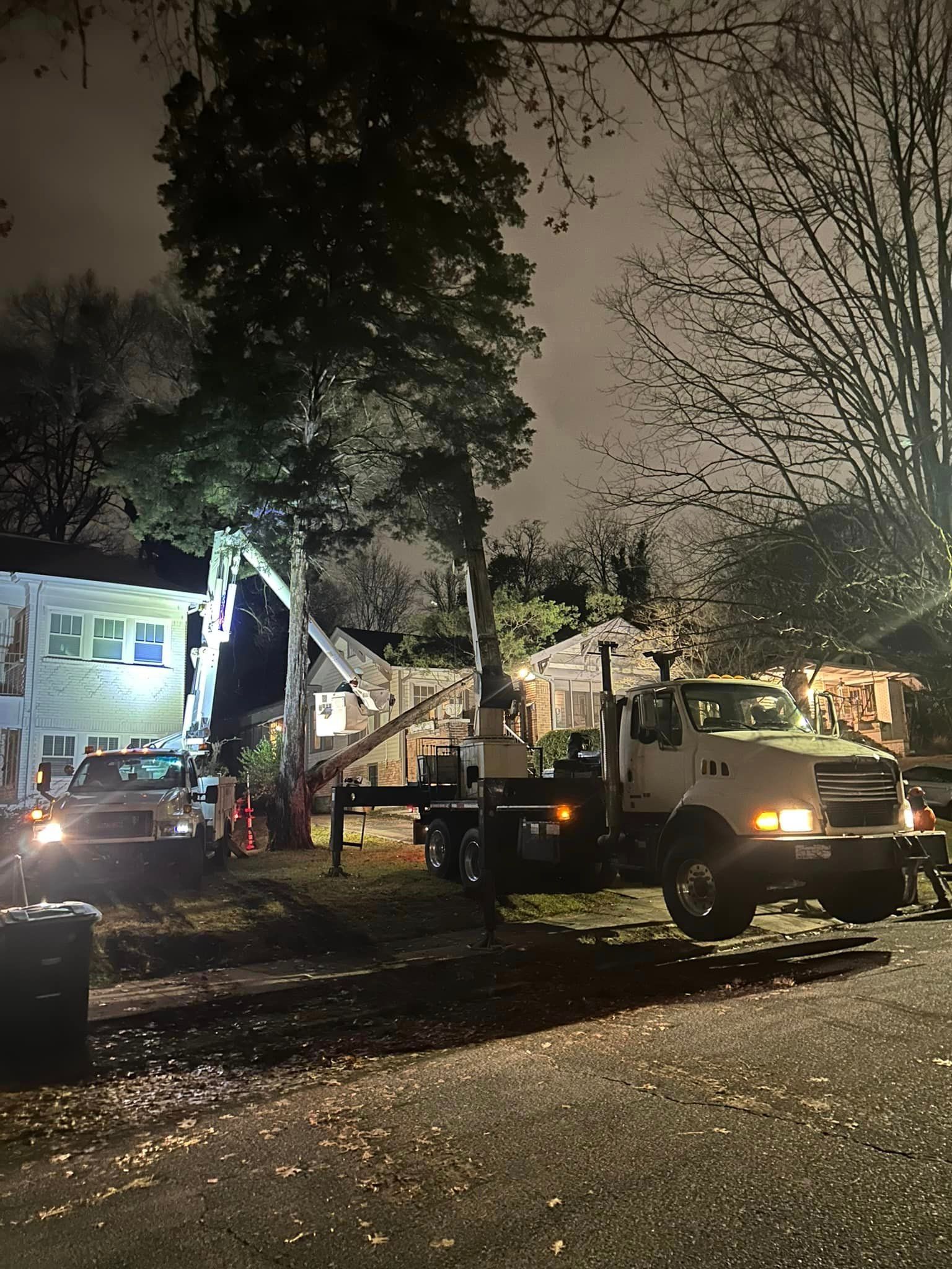 A tree cutting truck is parked in front of a house at night.