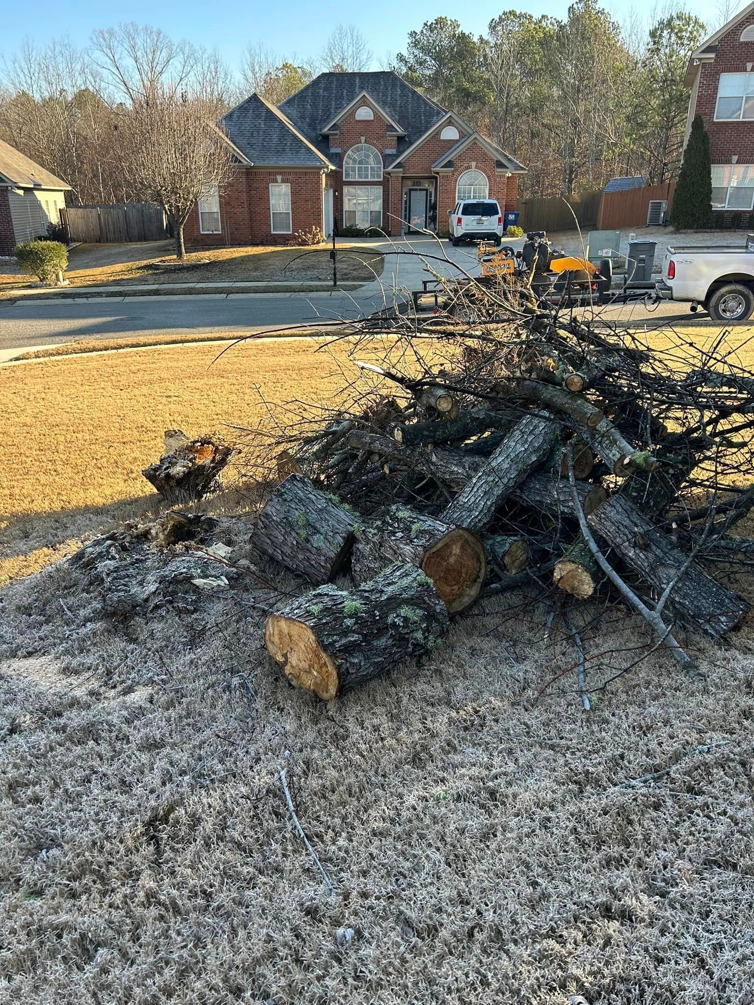 A pile of logs is sitting in front of a house.