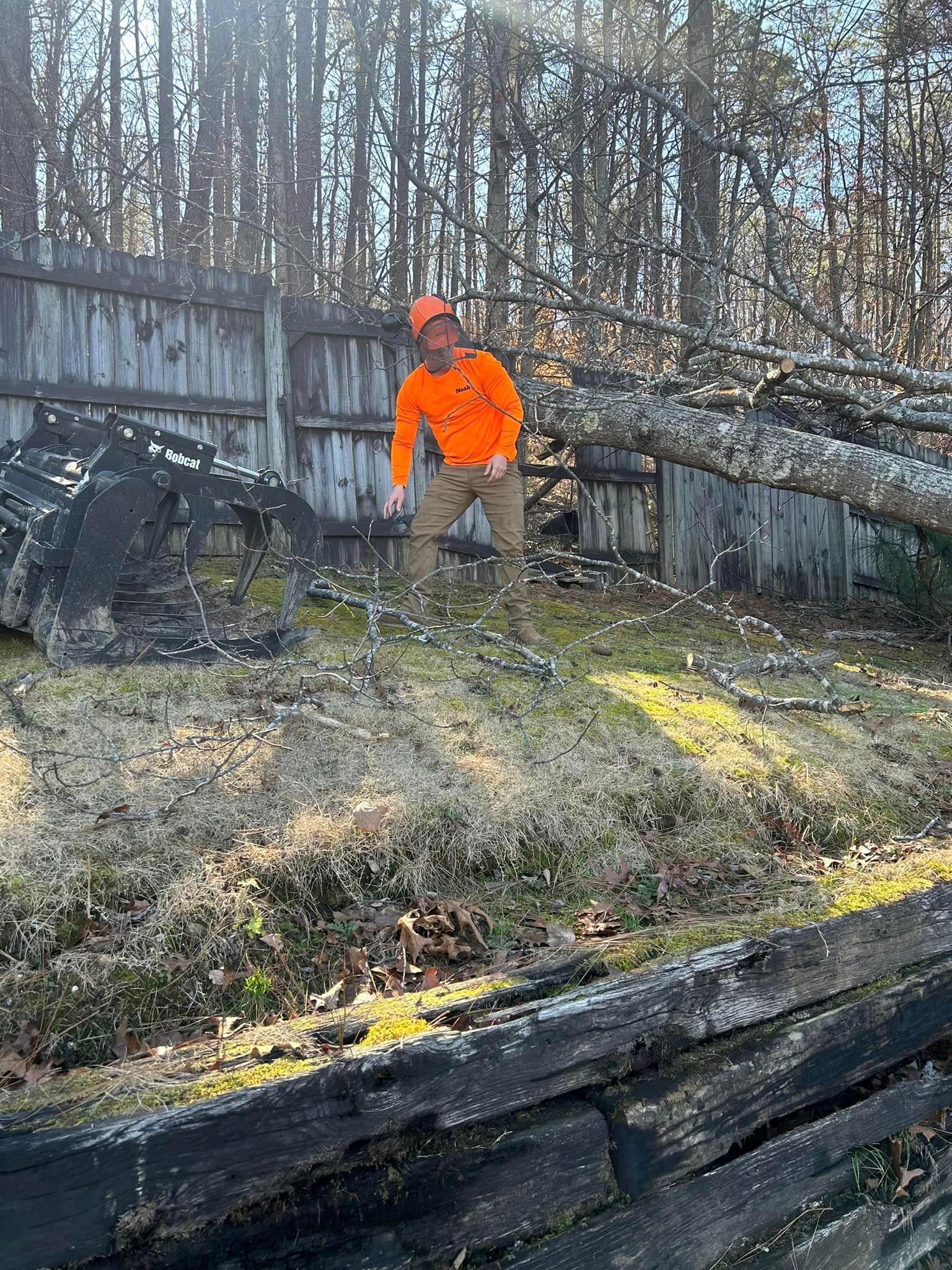A man in an orange shirt is standing next to a fallen tree.