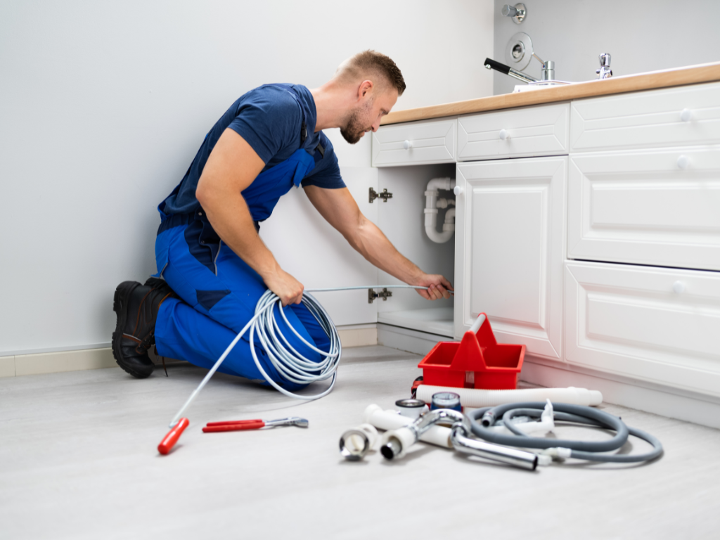 Een loodgieter knielt in een keuken en repareert een gootsteen.