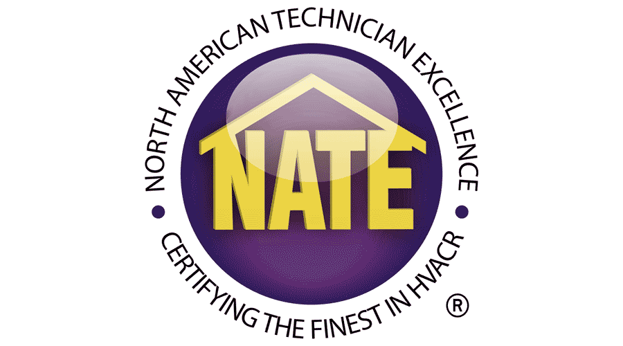 NATE certification logo with yellow letters on a purple circular seal and house roof outline