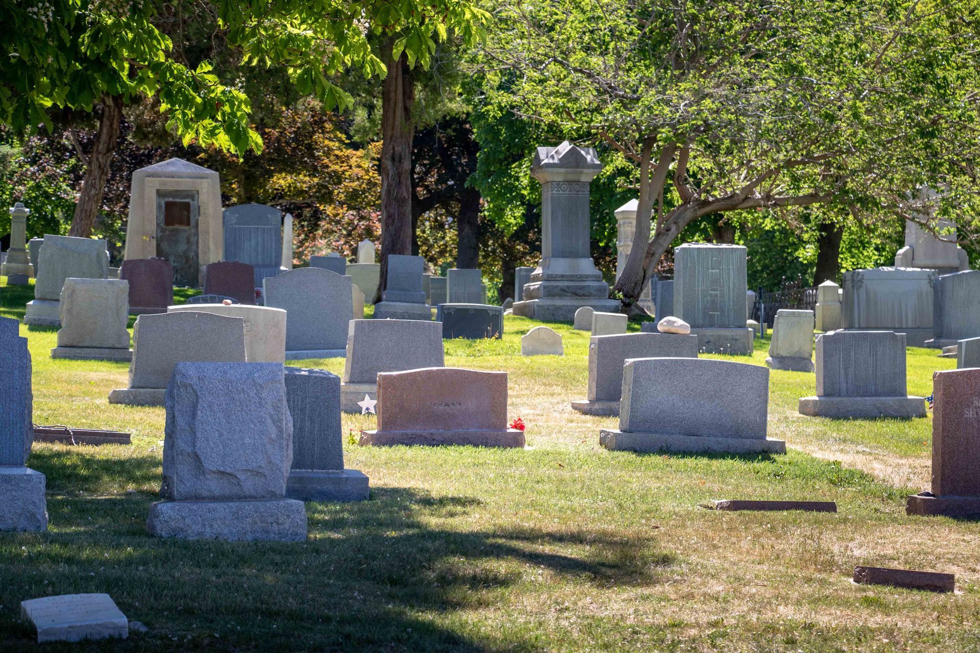 A variety of different style headstones and gravestones at a cemetery