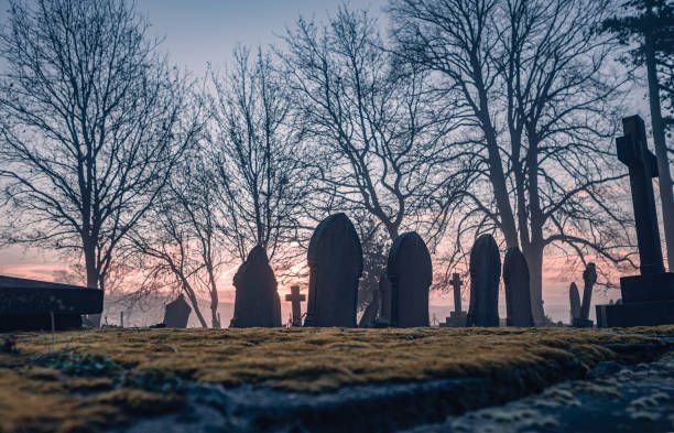 Headstones in a misty graveyard.